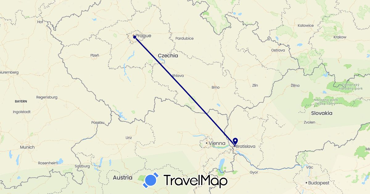 TravelMap itinerary: driving in Czech Republic, Slovakia (Europe)